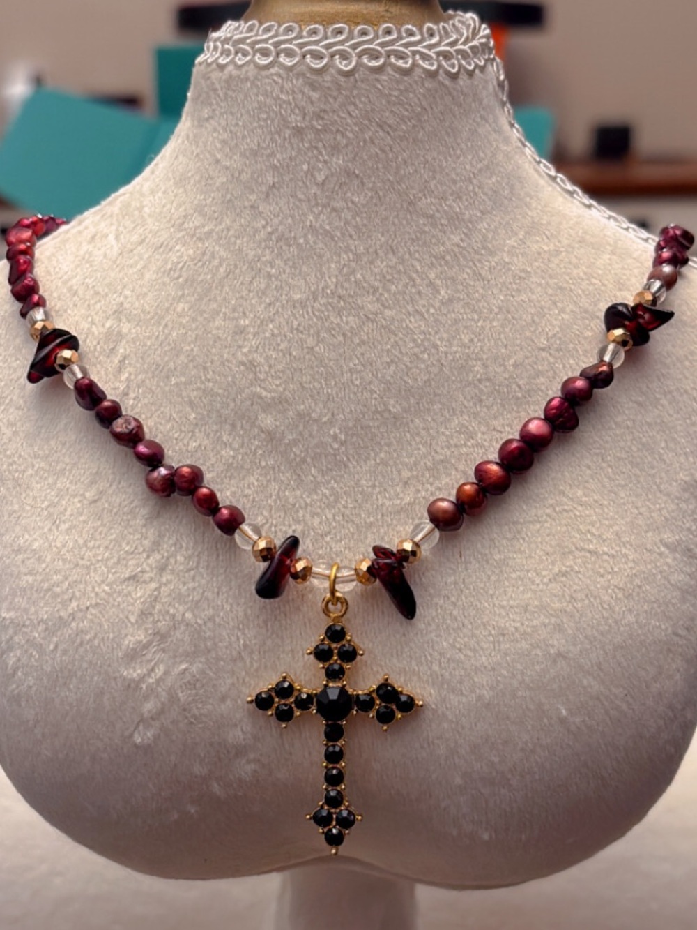 Burgundy Freshwater Pearl & Garnet Necklace with Black CZ Cross Pendant